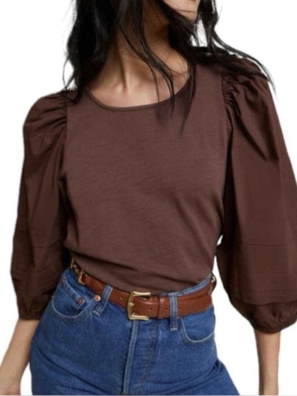 Nation Ltd Gracie Pintuck Combo Tee Puff Sleeves Brown cotton Sz XS